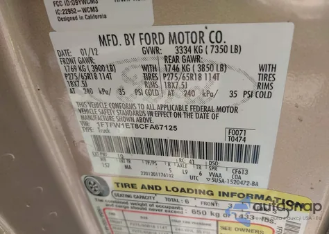 2012 Ford F-150 Xlt from USA, damaged, VIN 1FTFW1ET8CFA67125